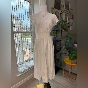 Milkmaid Cottagecore White Midi‎ Dress – Boho Eyelet Embroidery - Size M